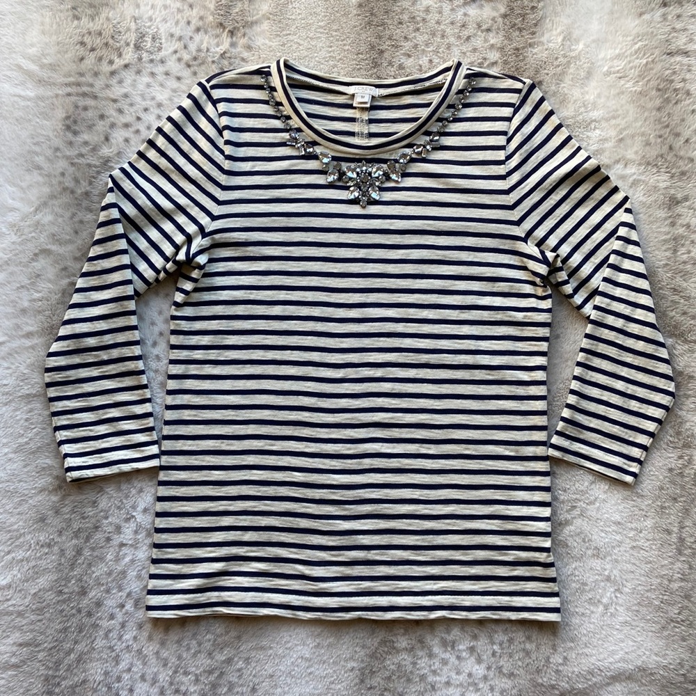 J Crew Embellished Blue Stripped Long Sleeve Cream